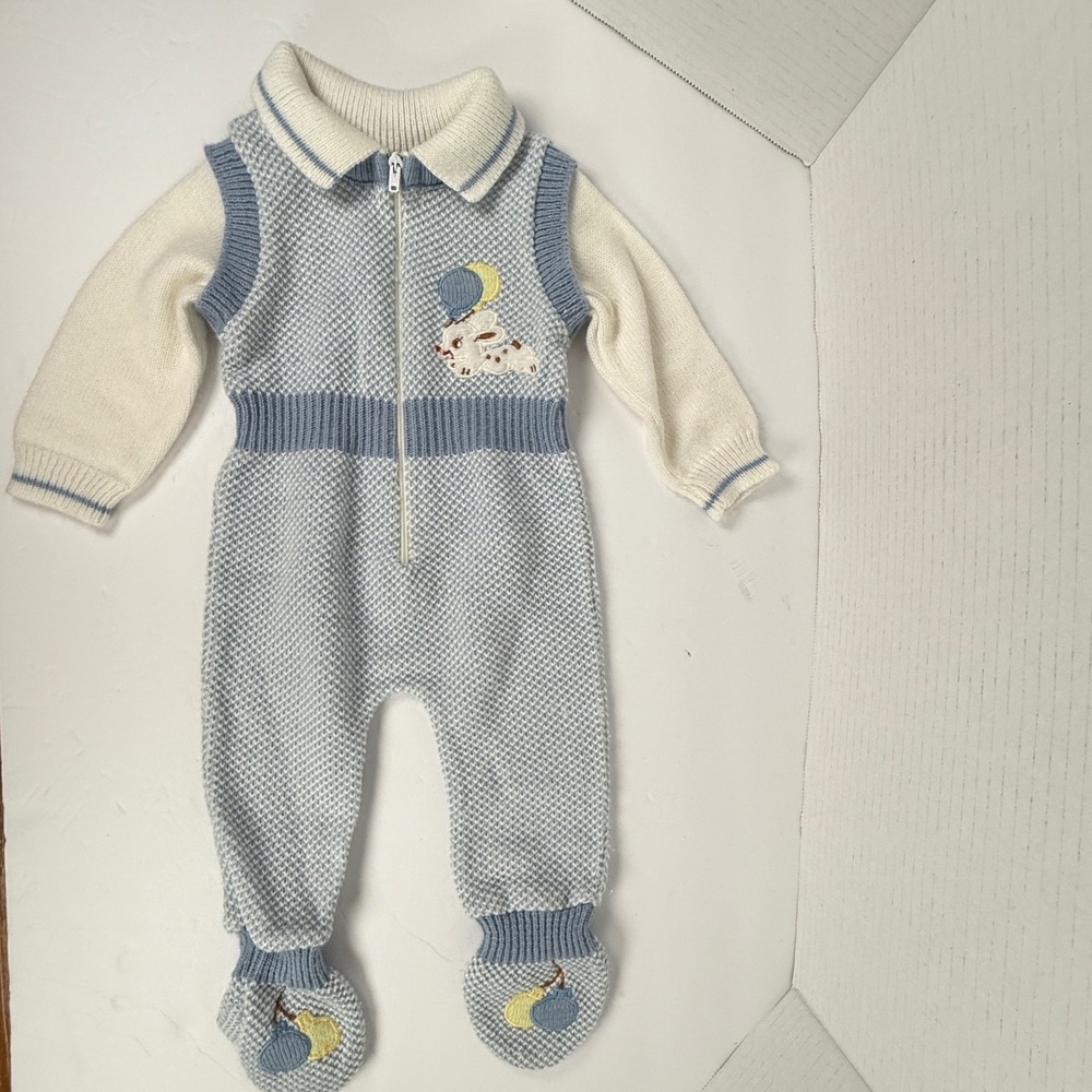 VTG Knit Footed Coverall Baby 0-3M Blue Excellent deer bunny Balloon Embroidered